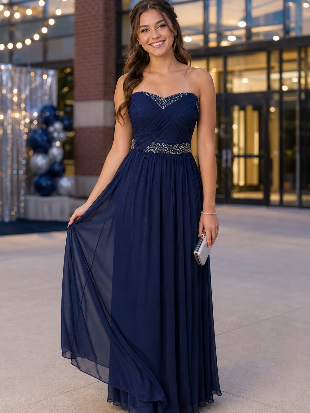 Bloomingdale’s AQUA Navy Blue Beaded Strapless Chiffon Formal Gown Dress Size 4